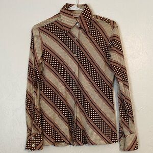Vintage 70’s Women’s Polyester Polka Dot and Stripes Button Down Shirt